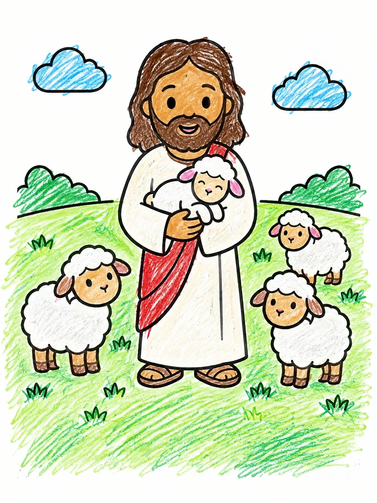 Colored example of the Good Shepherd With Lambs And Scripture coloring page