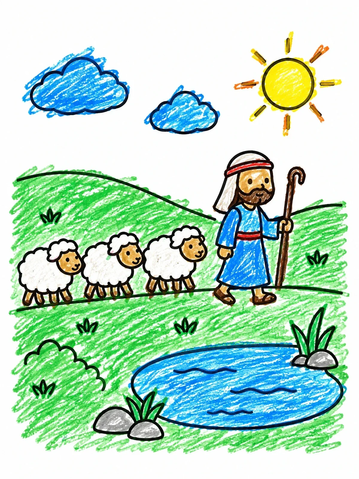 Colored example of the Good Shepherd Leading Cute Sheep coloring page