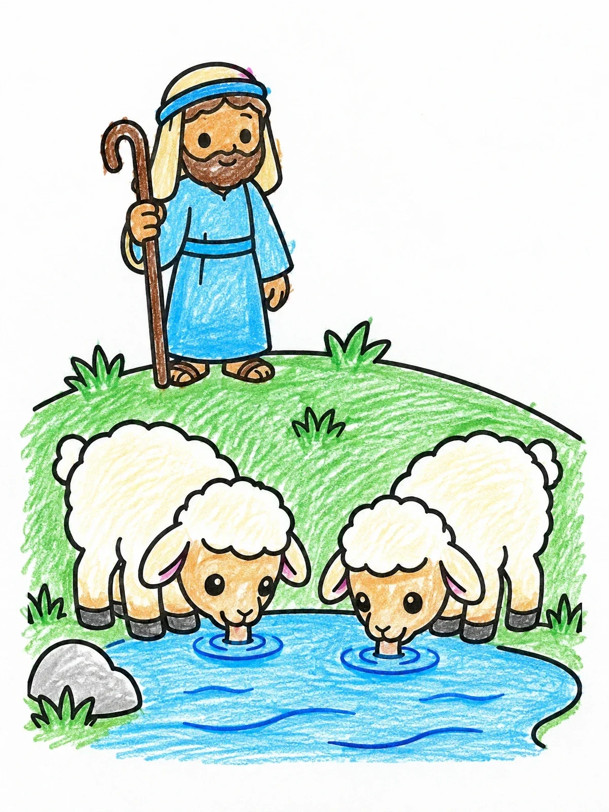 Colored example of the Good Shepherd Watching Over Lambs coloring page