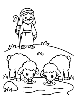 Free printable Good Shepherd Watching Over Lambs coloring page