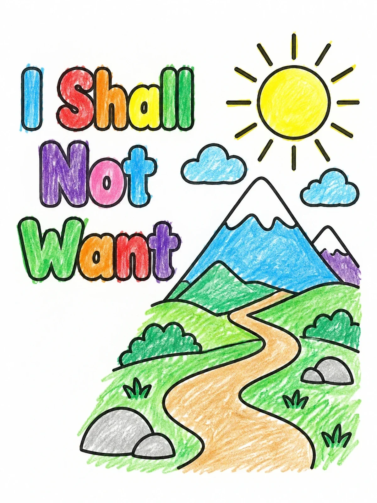 Colored example of the Mountain Path I Shall Not Want coloring page