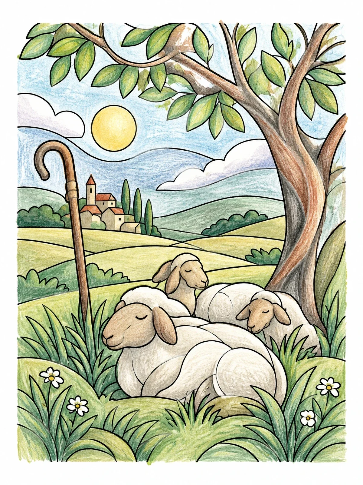 Colored example of the Pastoral Meadow With Resting Sheep coloring page