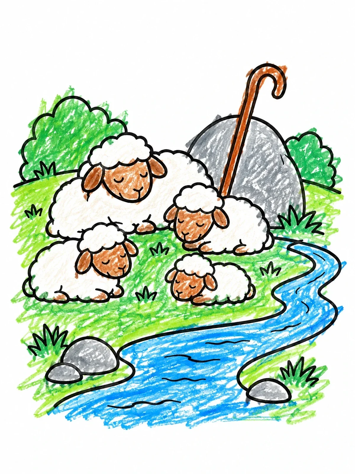 Colored example of the Flock Resting By Still Waters coloring page