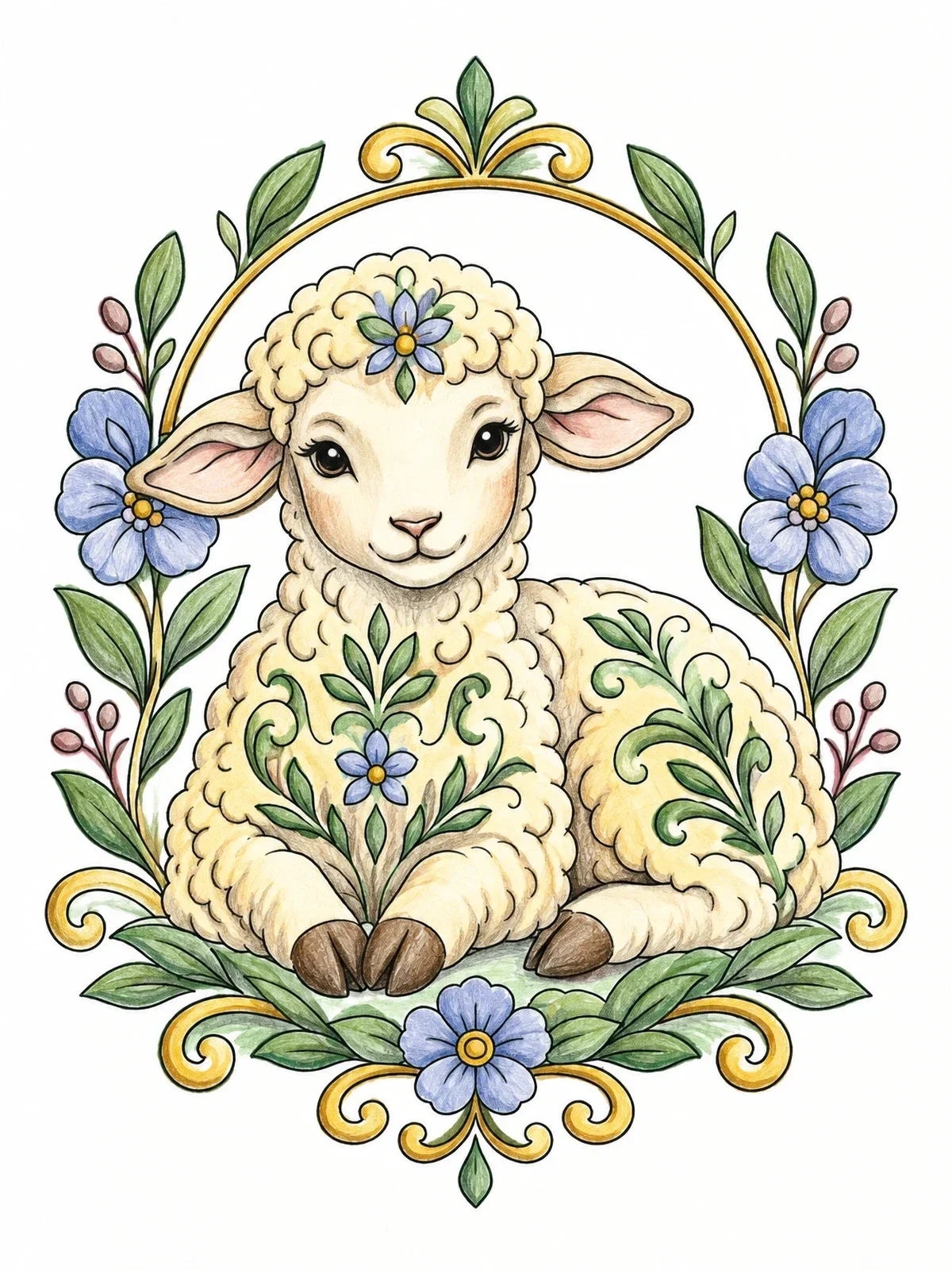 Colored example of the Gentle Lamb In Floral Frame coloring page
