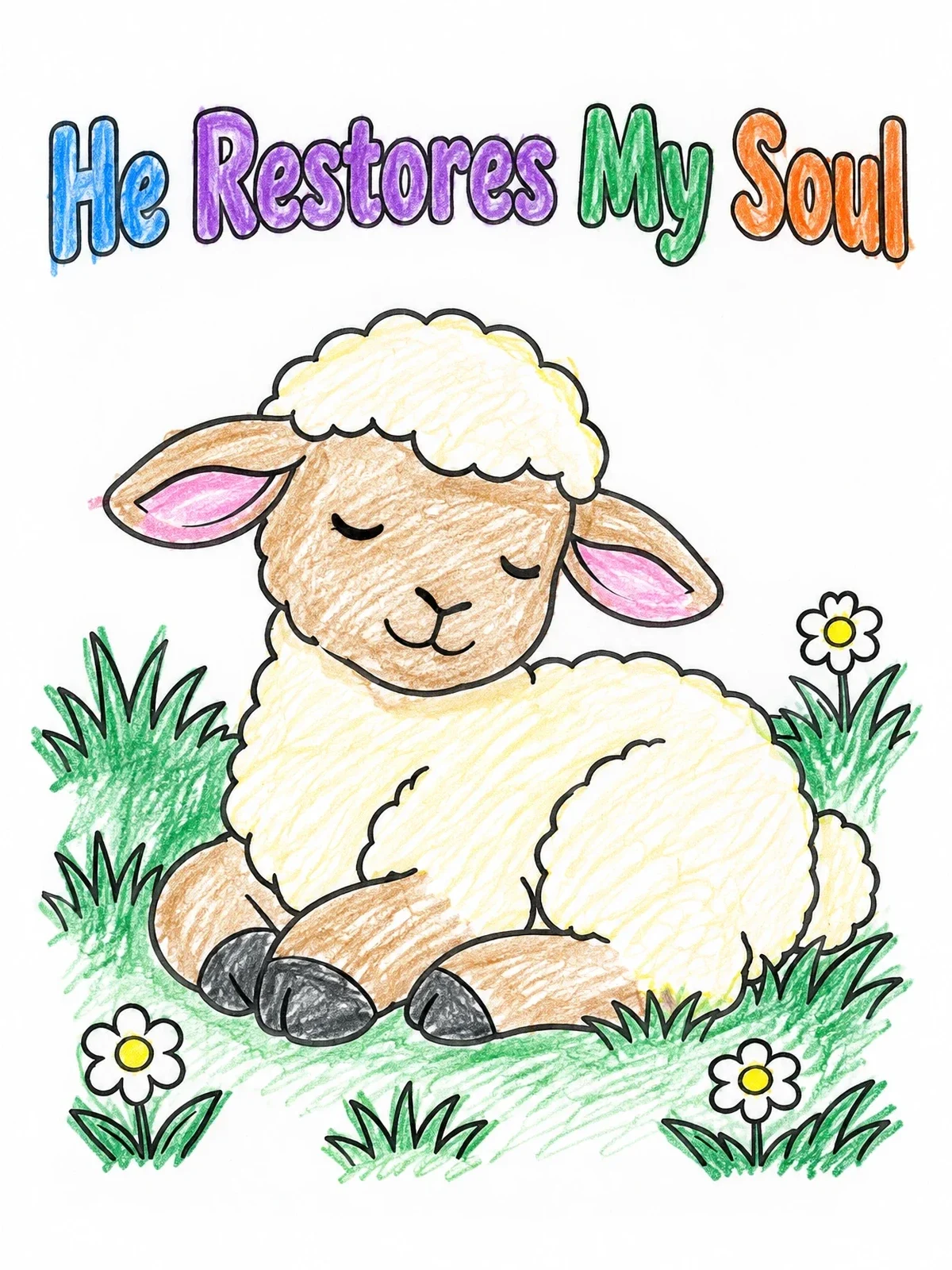 Colored example of the Resting Lamb He Restores My Soul coloring page