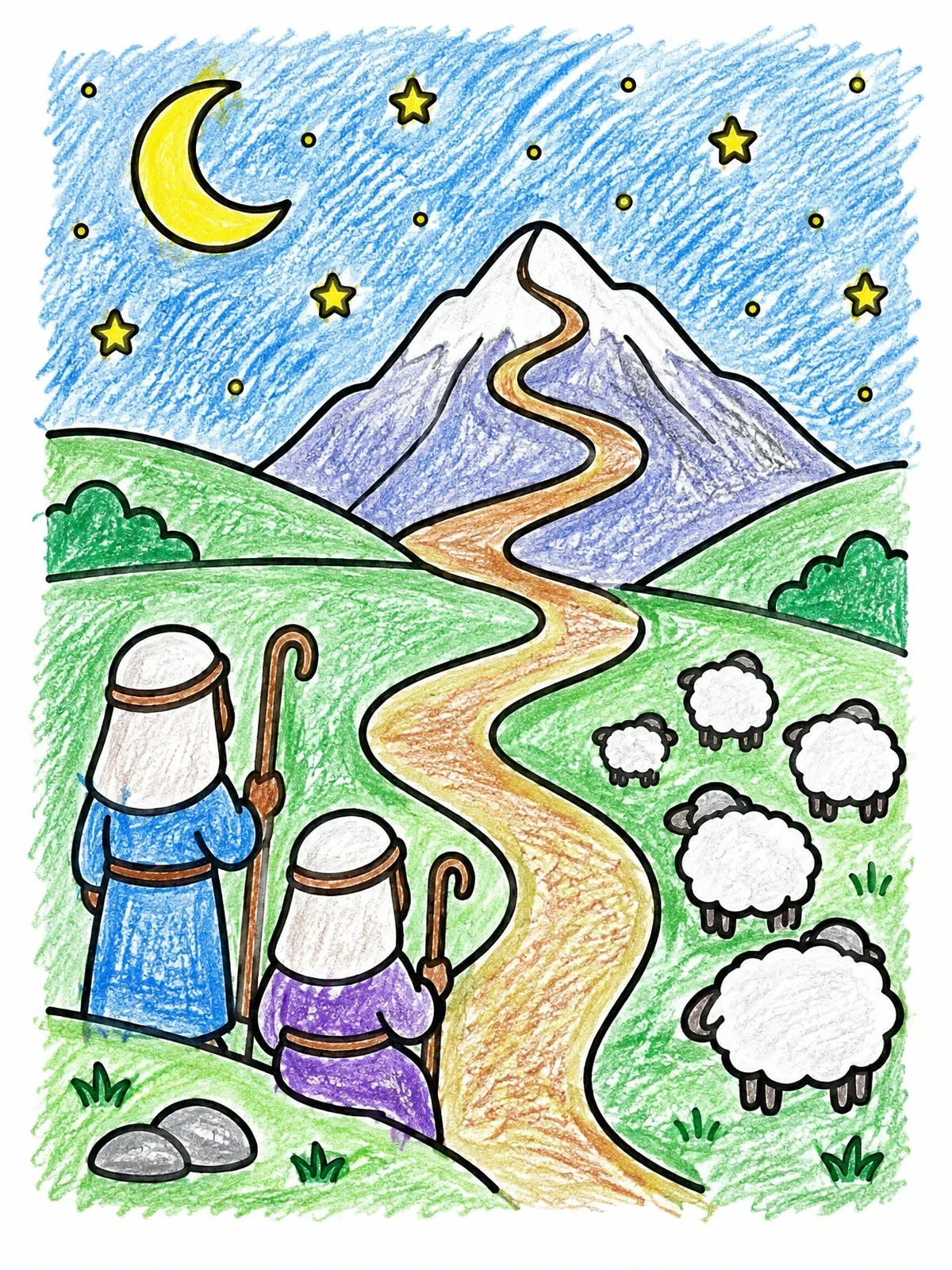 Colored example of the Shepherds Watching Flock On Night Path coloring page