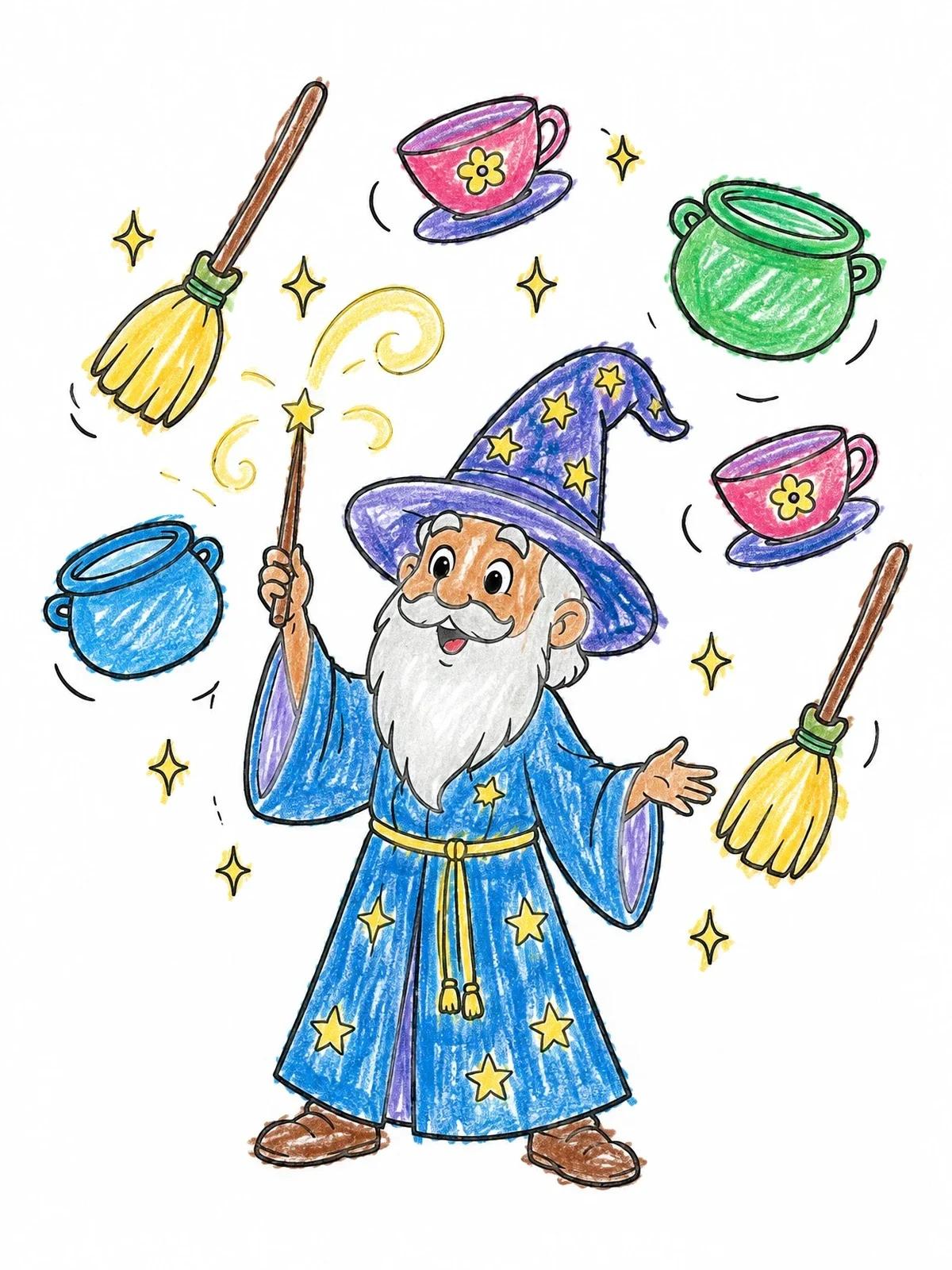 Colored example of the Cheerful Wizard Casting Magic Spells coloring page