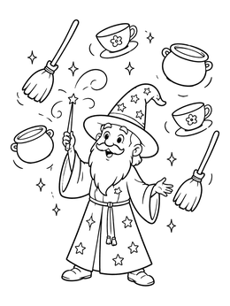 Free printable Cheerful Wizard Casting Magic Spells coloring page