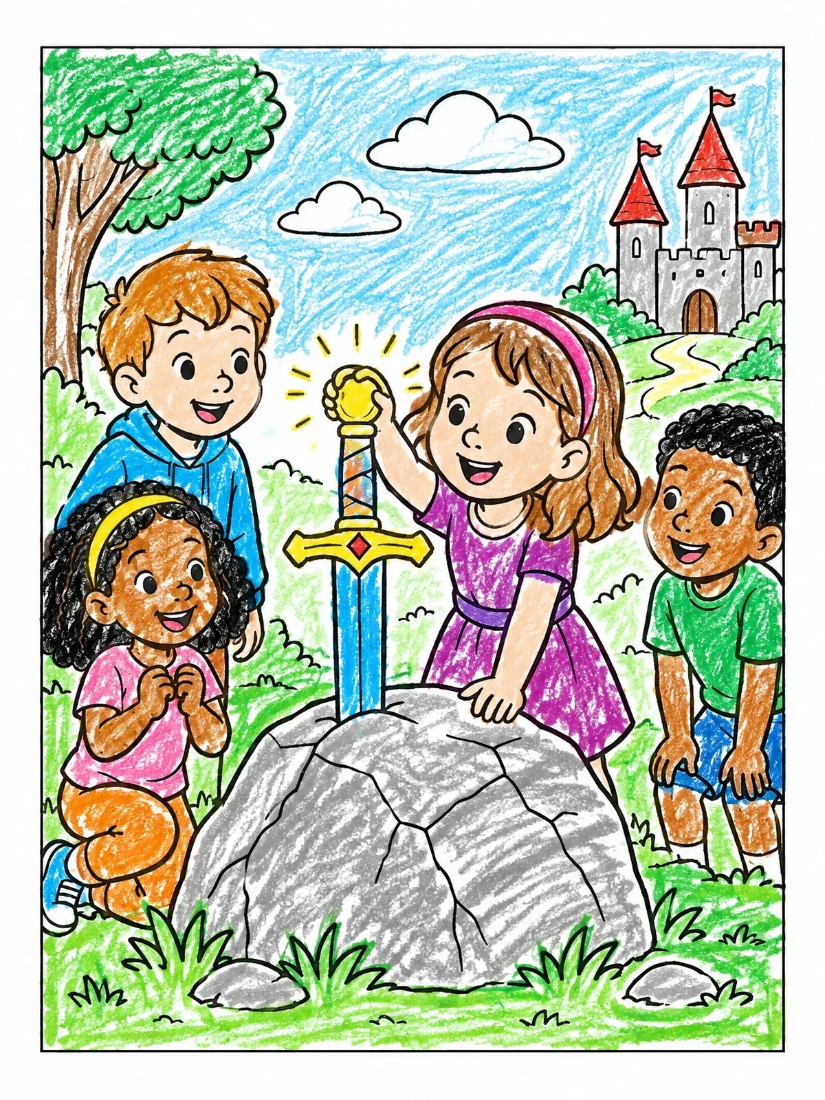 Colored example of the Children Discovering The Magical Sword coloring page