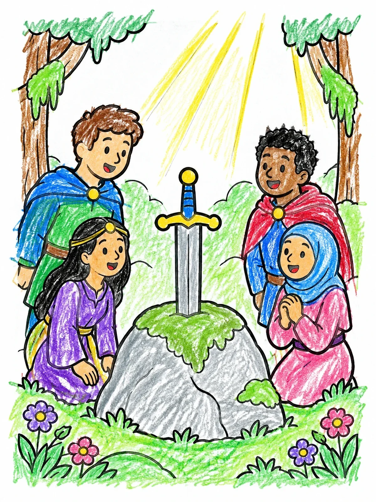 Colored example of the Children Discovering The Sword In Stone coloring page