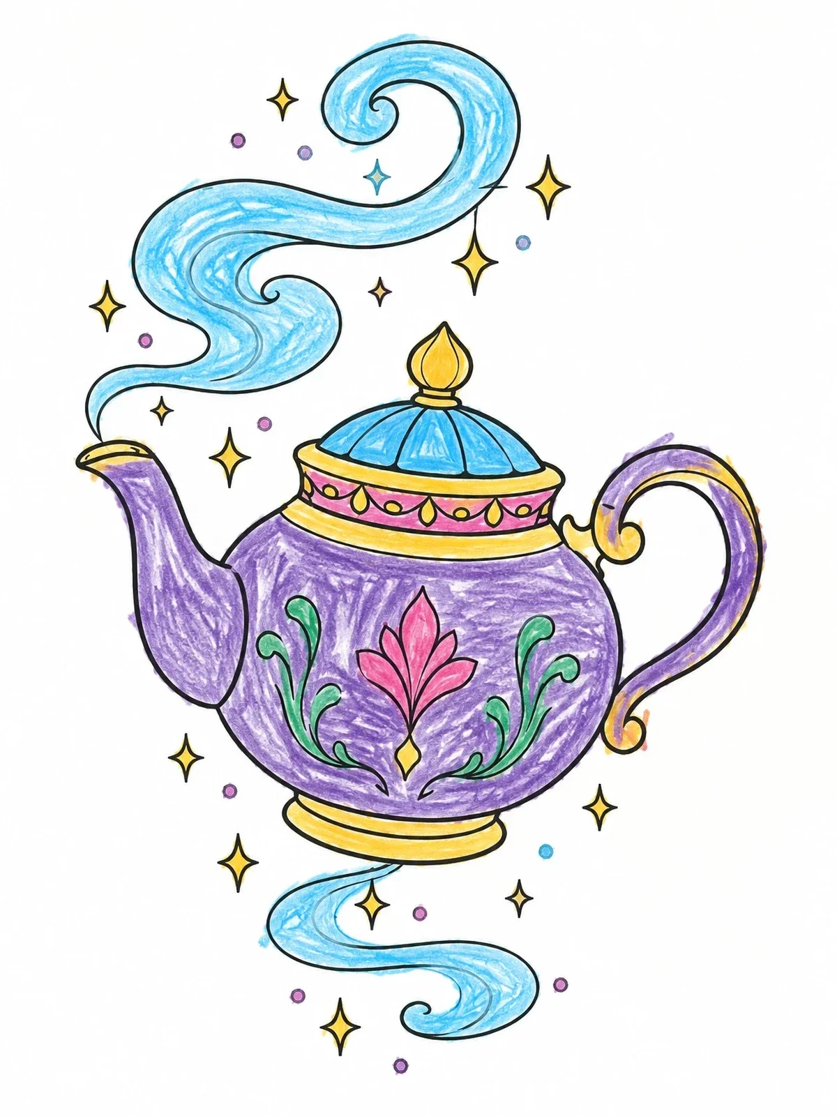 Colored example of the Enchanted Floating Magic Teapot coloring page