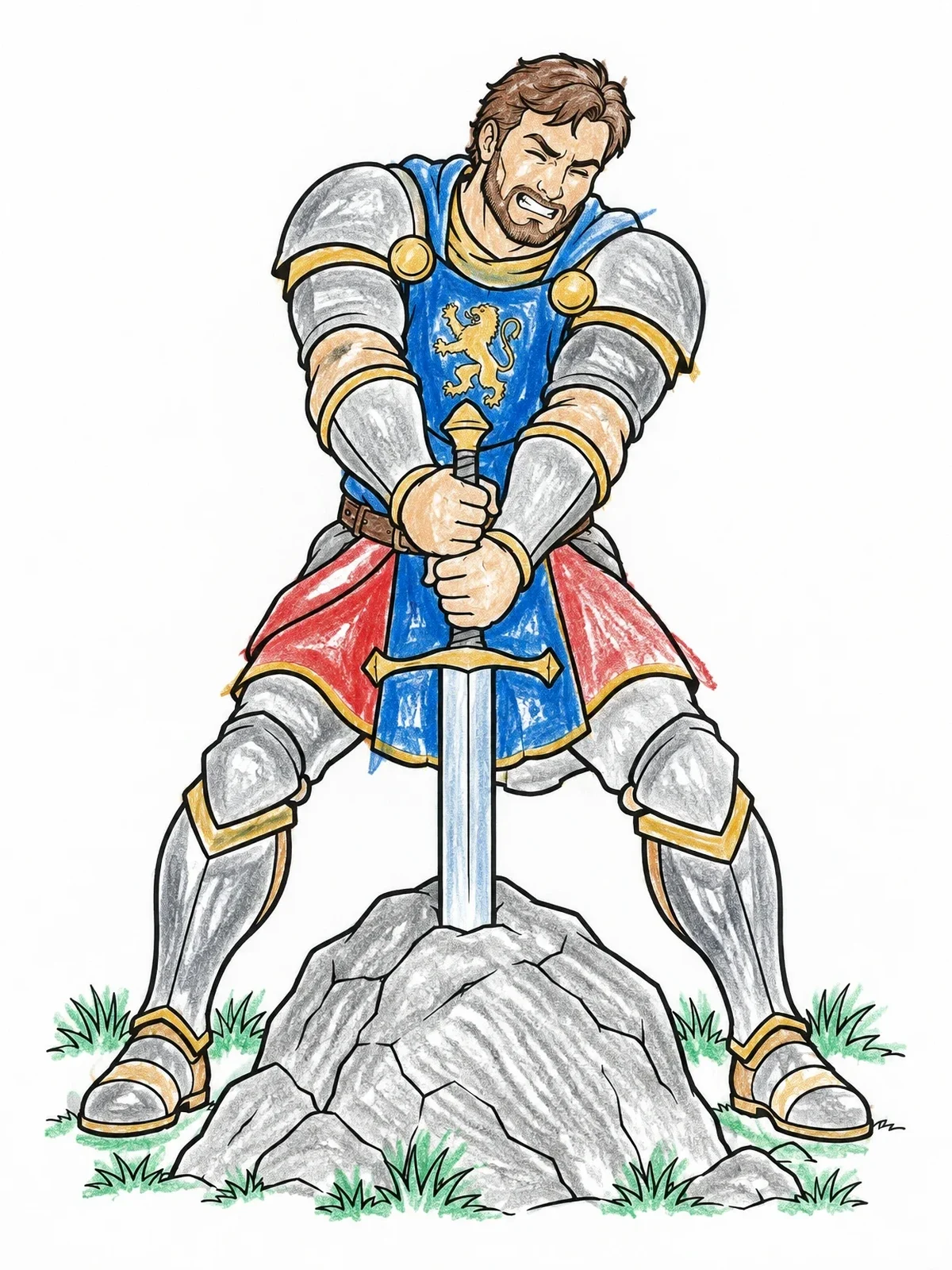 Colored example of the Knight Pulling The Sword From Stone coloring page