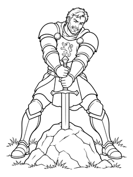 A strong knight strains to pull the blade in this the sword in the stone coloring page.