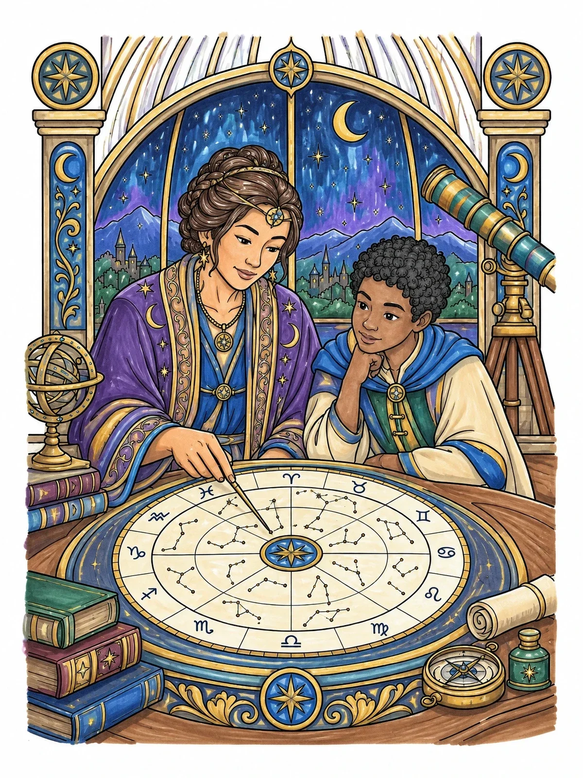 Colored example of the Wise Mentor And Squire Studying Constellations coloring page