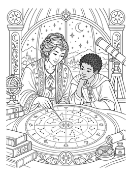 A medieval mentor teaches astronomy to a young squire in this the sword in the stone coloring page.