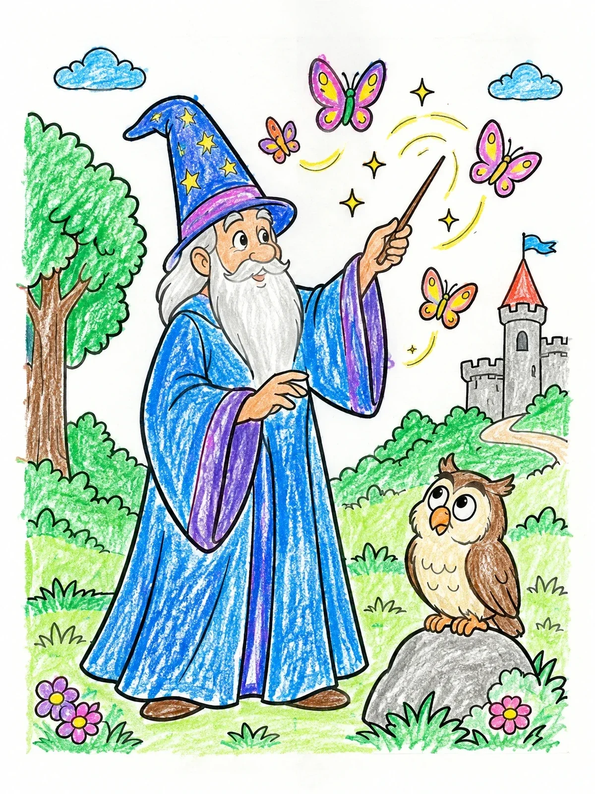 Colored example of the Merlin Casting Magic With Owl coloring page