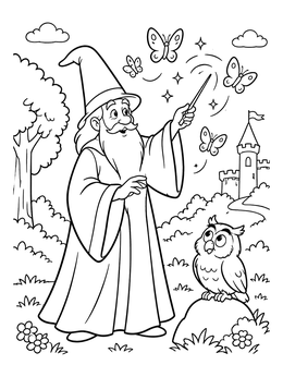 Free printable Merlin Casting Magic With Owl coloring page