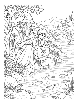 A peaceful the sword in the stone coloring page showing Merlin and young Arthur watching fish and frogs by a river.