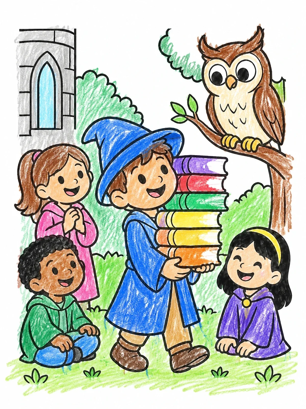 Colored example of the Young Apprentice Carrying Spellbooks coloring page