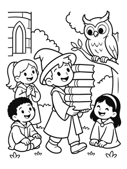 Free printable Young Apprentice Carrying Spellbooks coloring page