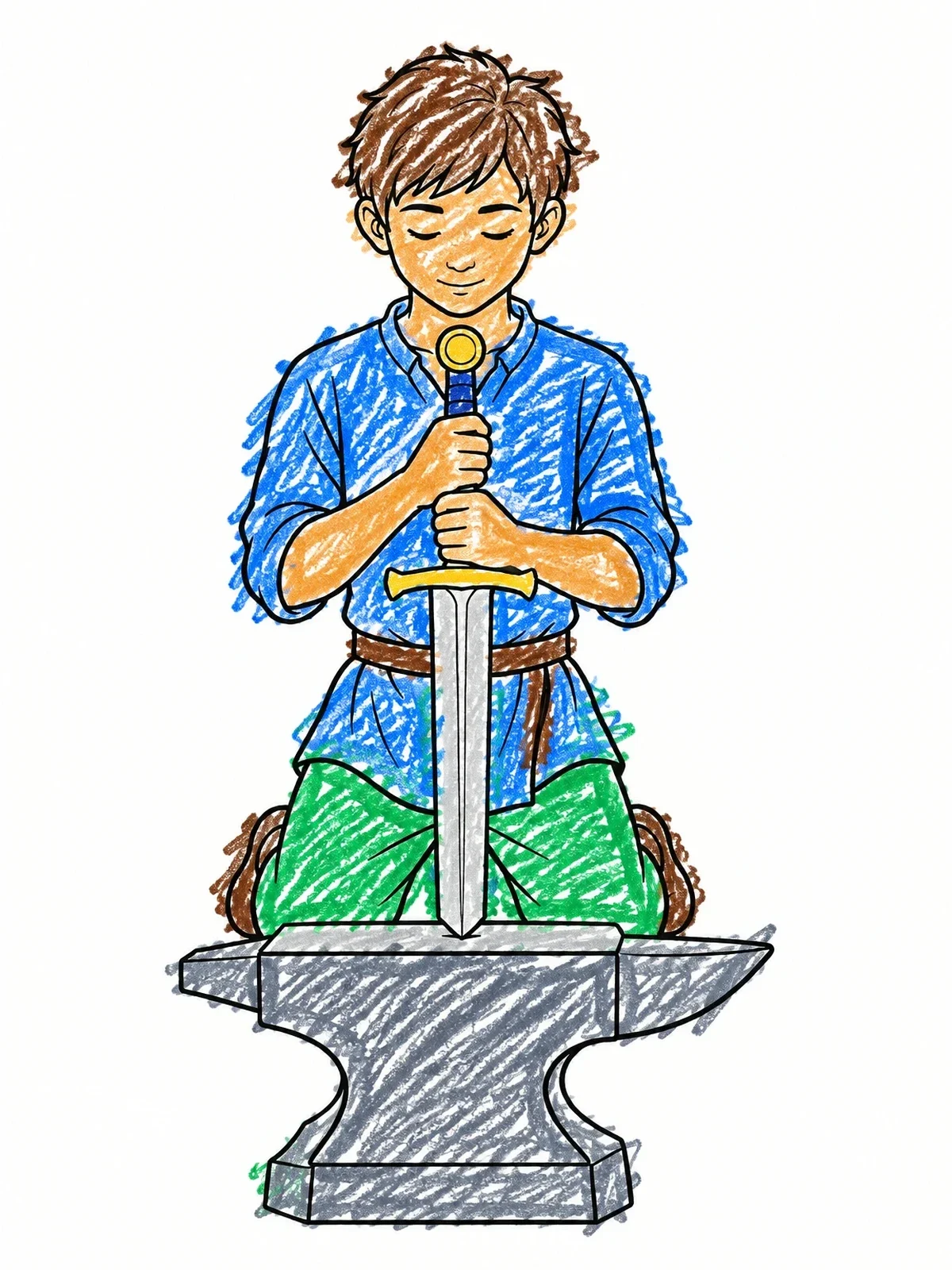 Colored example of the Young Arthur Kneeling With The Sword coloring page