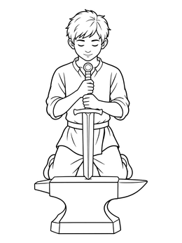 A young boy kneels behind an anvil in the sword in the stone coloring page.
