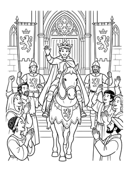 Crowds cheer the newly crowned king on horseback in this the sword in the stone coloring page.