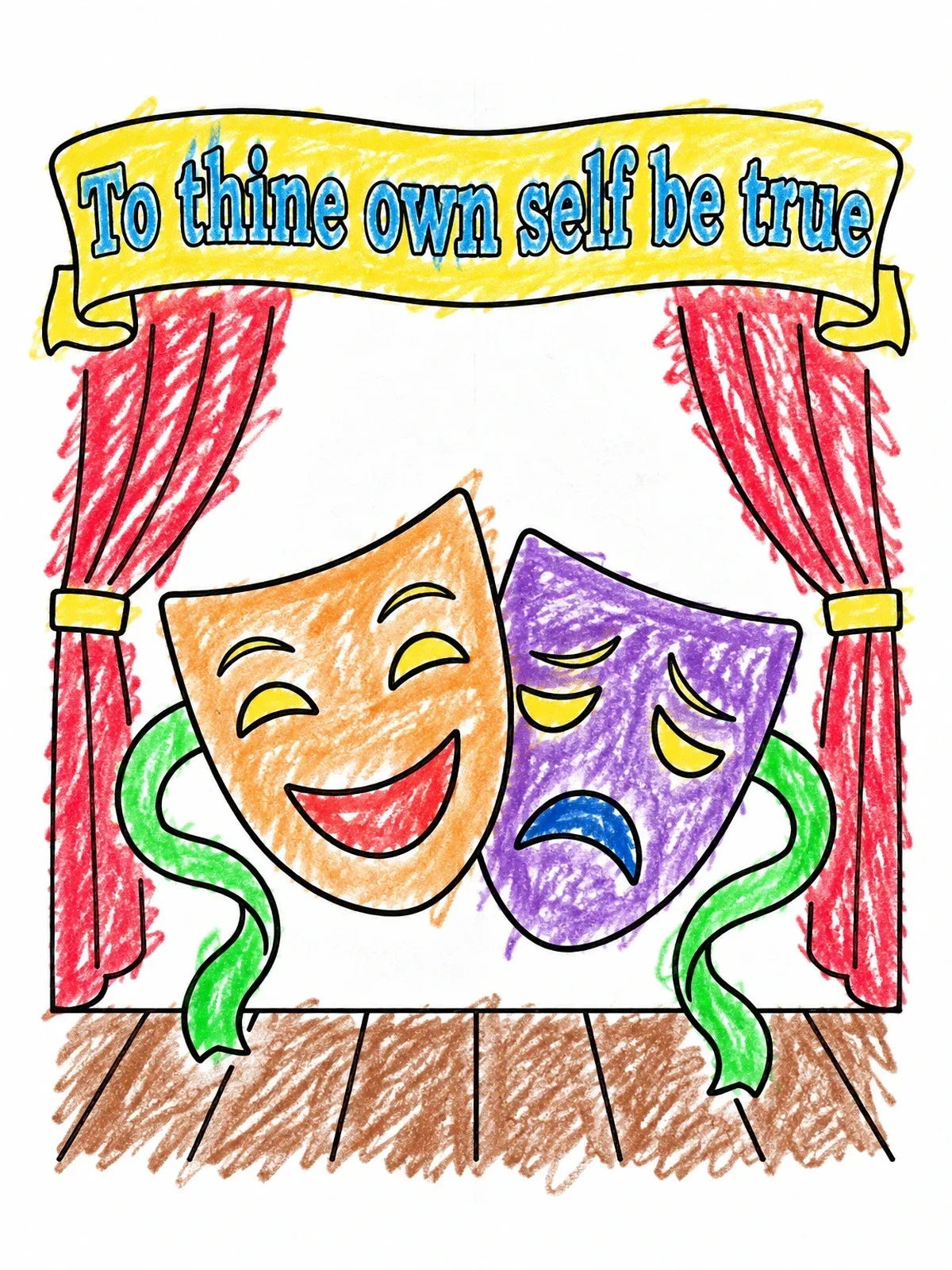 Colored example of the Theater Masks On Shakespearean Stage coloring page