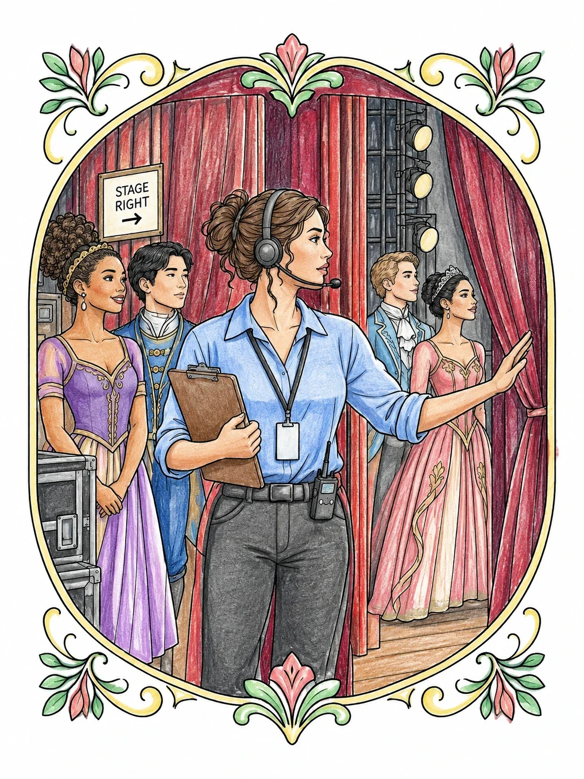 Colored example of the Backstage Stage Manager Cueing Performers coloring page