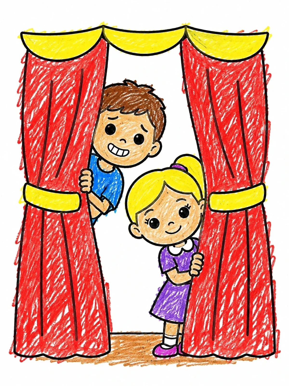 Colored example of the Children Peeking Behind Stage Curtains coloring page