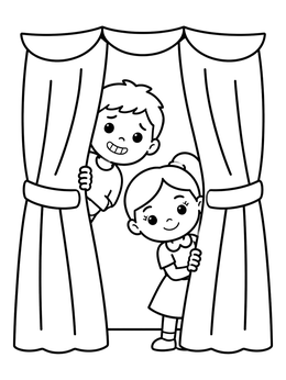 Free printable Children Peeking Behind Stage Curtains coloring page