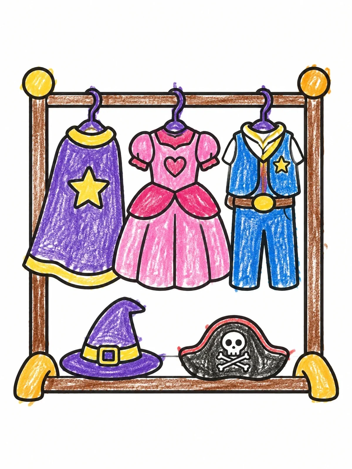 Colored example of the Theatre Costume Rack With Outfits coloring page