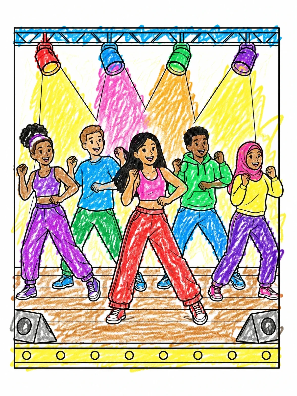 Colored example of the Dance Troupe On Stage coloring page