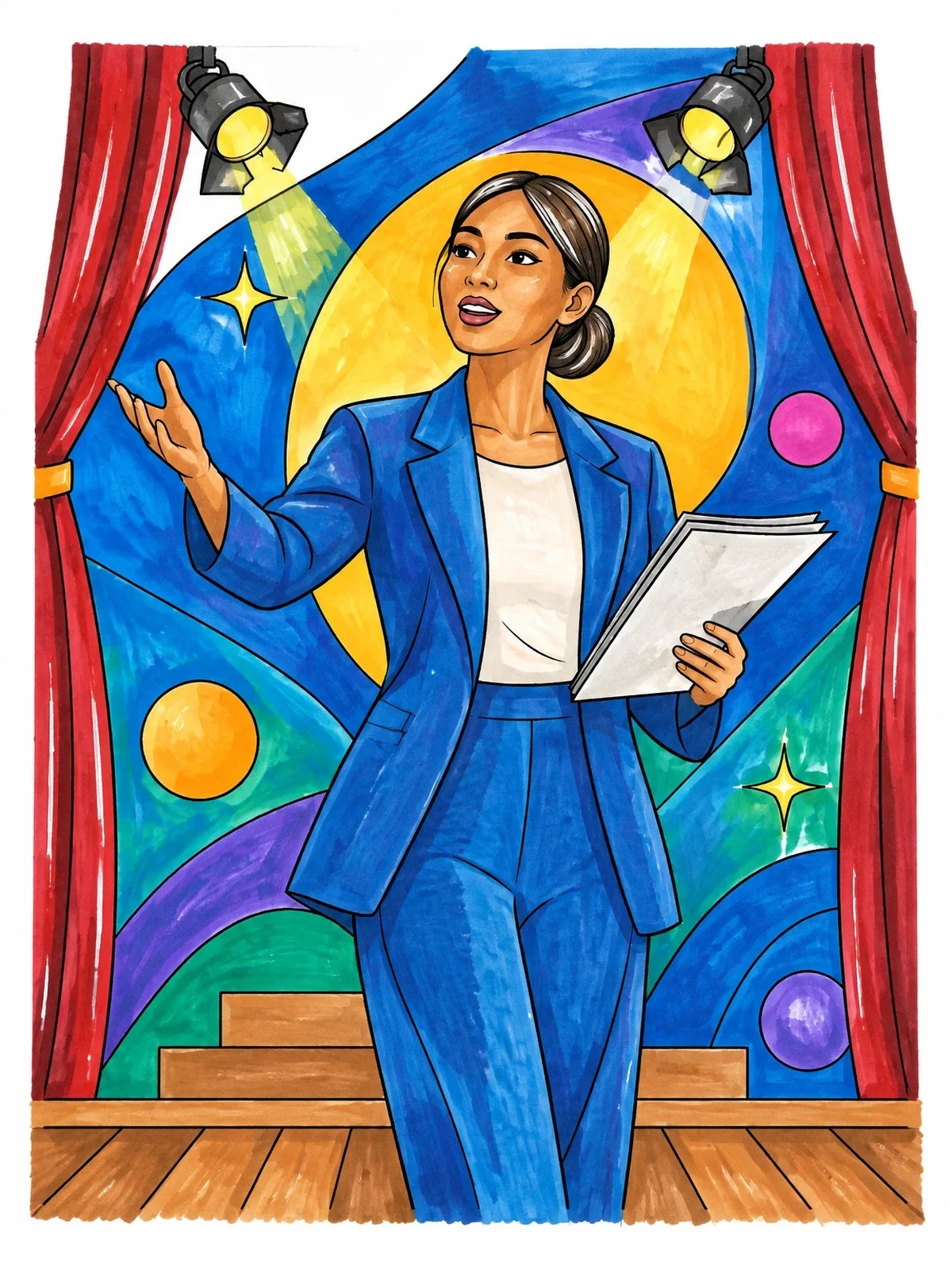 Colored example of the Theatre Director On Stage coloring page