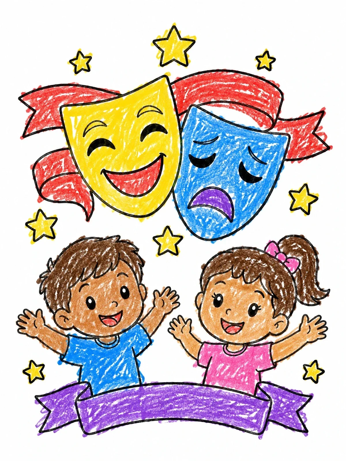 Colored example of the Drama Masks And Happy Children coloring page
