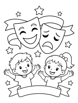 Free printable Drama Masks And Happy Children coloring page