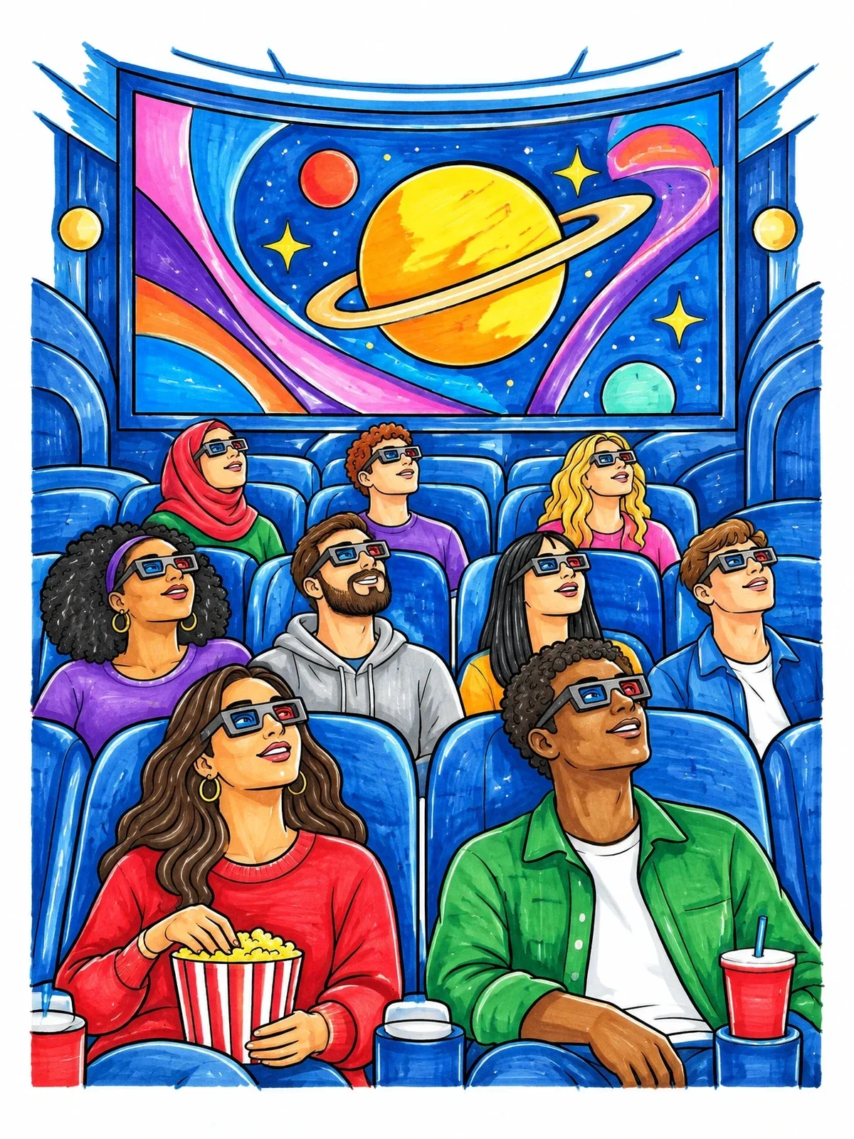 Colored example of the Moviegoers In 3d Cinema coloring page