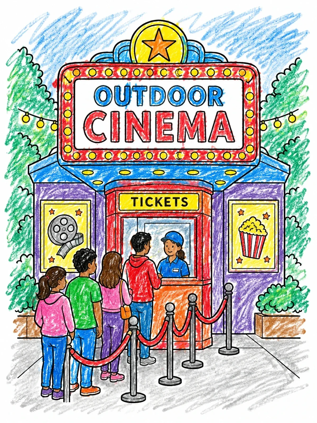 Colored example of the Outdoor Cinema Ticket Booth Line coloring page