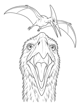 Detailed therizinosaurus coloring page showing a feathered dinosaur head looking up at a flying pterosaur.