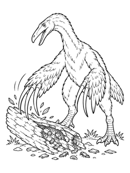 A therizinosaurus coloring page showing the feathered dinosaur clawing open a rotten log full of insects.