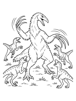 Feathered therizinosaurus coloring page showing long claws defending against raptors.