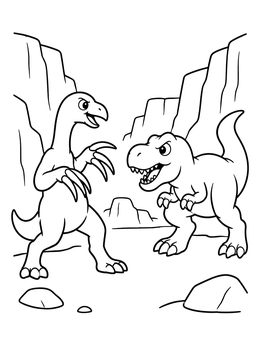 Cartoon therizinosaurus coloring page facing a friendly tyrannosaur in a rocky canyon.