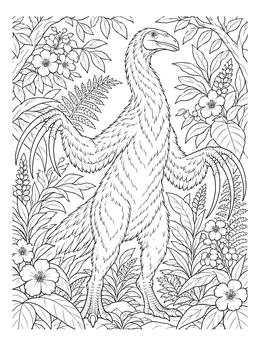 A therizinosaurus coloring page featuring long claws amidst lush prehistoric foliage.