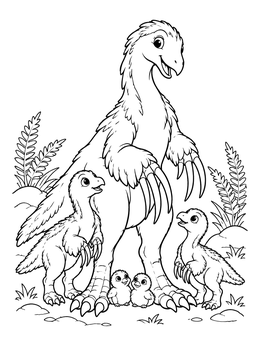 Free printable Therizinosaurus Mother With Her Chicks coloring page