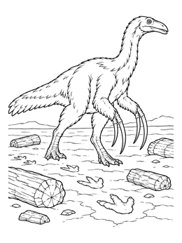 A feathered therizinosaurus coloring page walking along a dry landscape with logs and footprints.