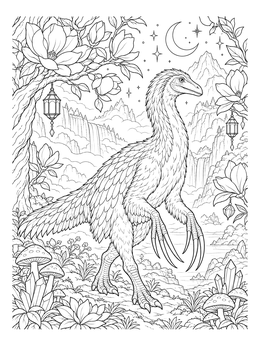 Detailed therizinosaurus coloring page framed by blooming magnolia branches and mountains.