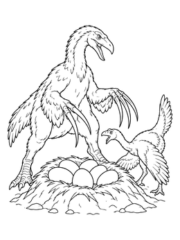 A feathered therizinosaurus coloring page showing the giant dinosaur guarding its egg nest from a small intruder.