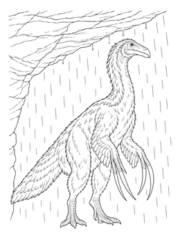 A feathered therizinosaurus coloring page showing the dinosaur sheltering from rain under a rocky ledge.