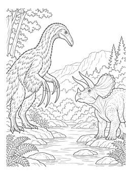 A detailed therizinosaurus coloring page featuring a river encounter with a horned dinosaur.