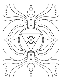 Third eye chakra coloring page with inverted triangle, sacred eye, and lotus petals.